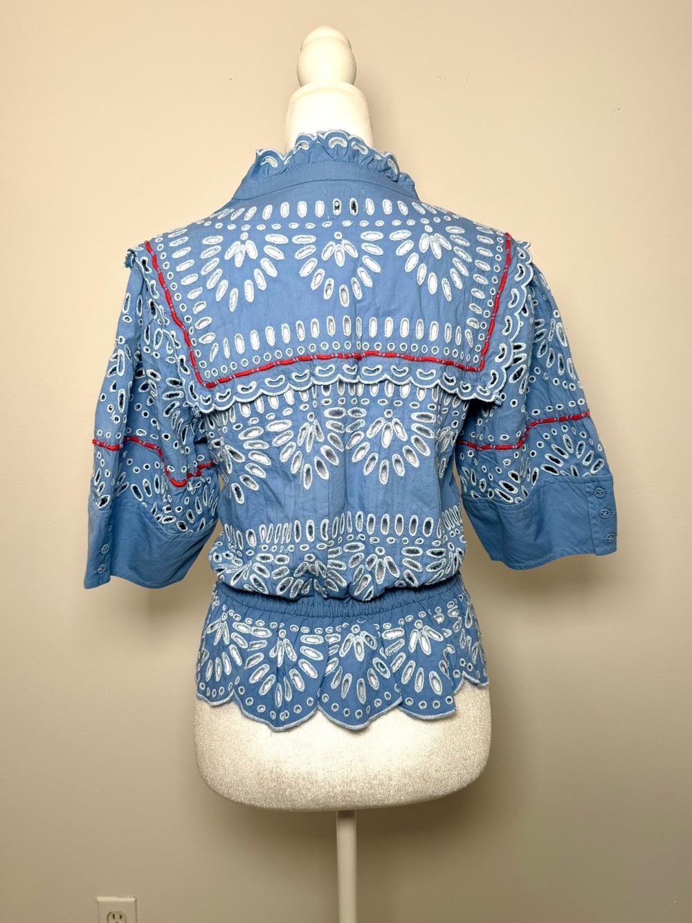 Anthropologie Coastal Scalloped Peplum Eyelet Blouse NWT Medium Blue - Picture 9 of 11